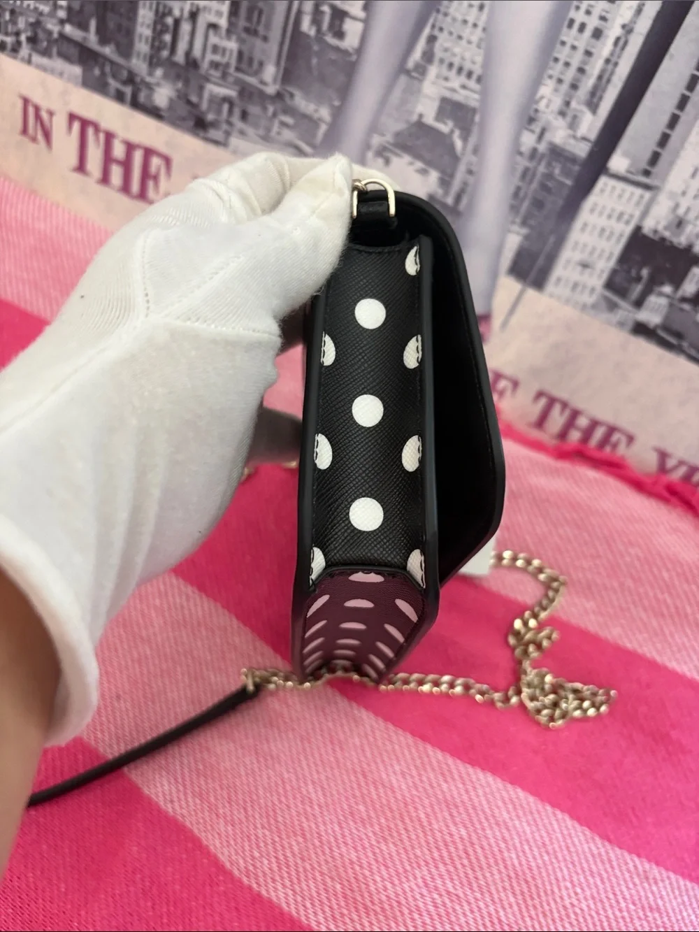 kate spade Black and White Polka Dot Crossbody with Gold Chain